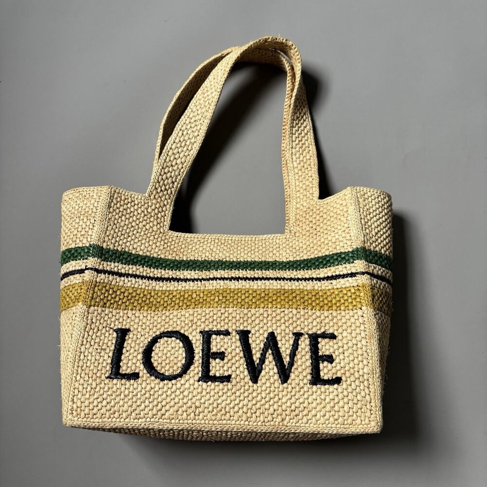 LOEWE Paulas Ibiza Medium Raffia Striped Font Tote Pre-Loved Beige